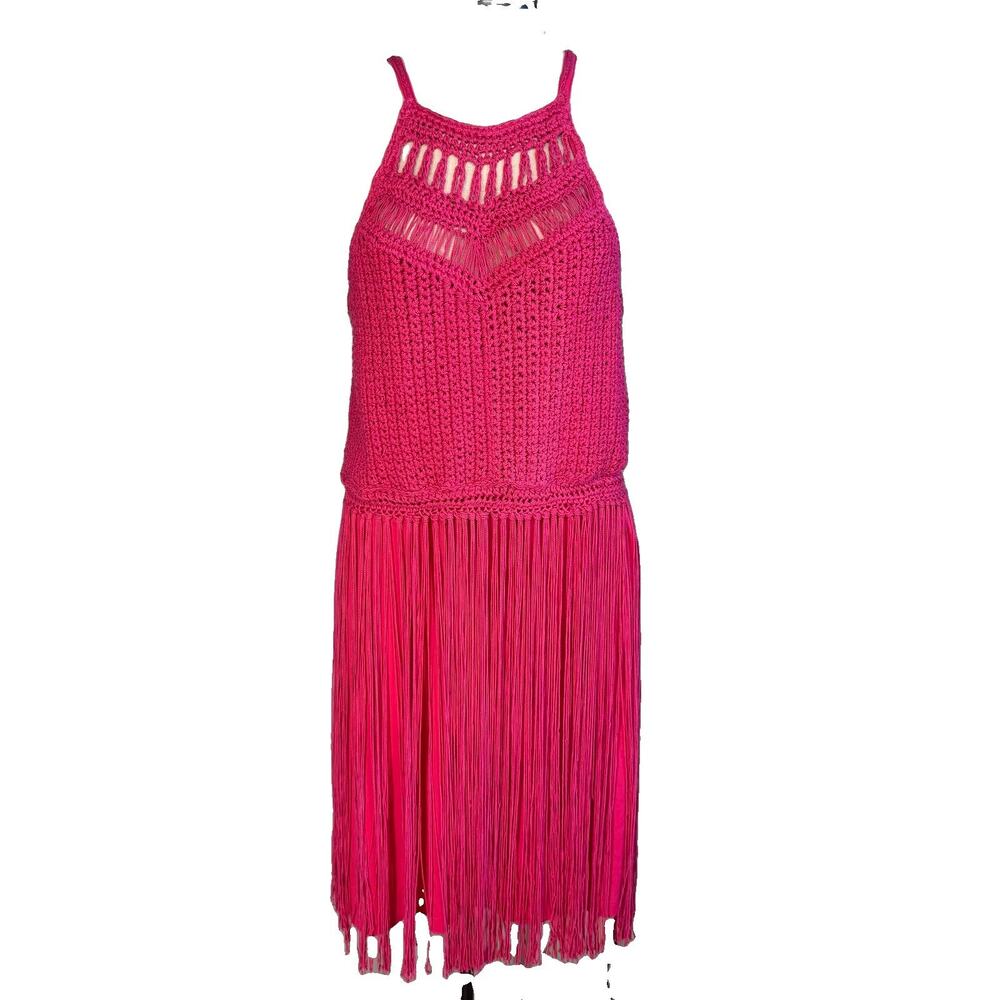 Boston Proper Dress Womens M Pink Crochet Fringe Lined Knee Length Flapper Style